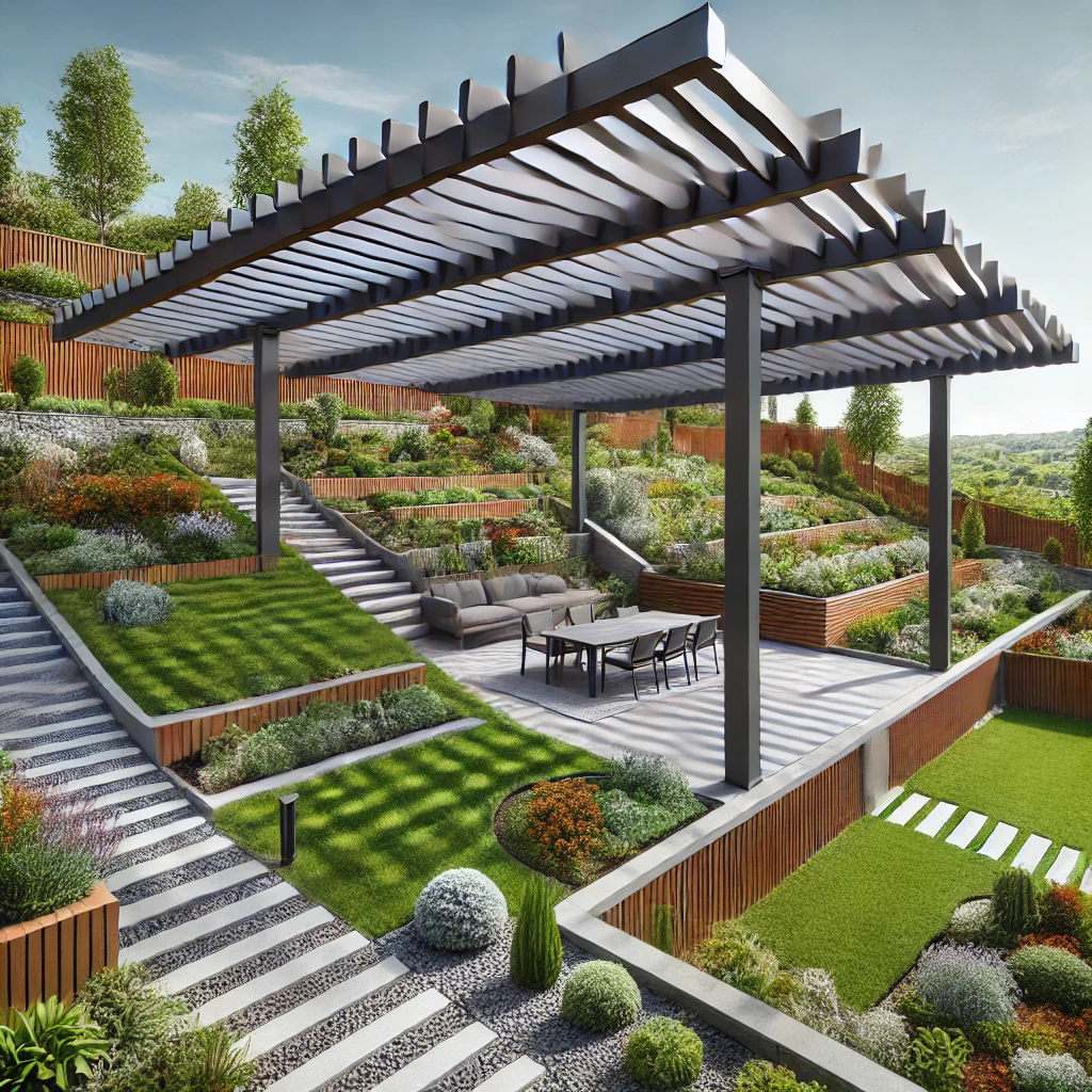 DALL·E 2024 07 13 11.41.04 A bioclimatic pergola installed in a sloped garden area. The pergola has adjustable louvers and provides a stylish and functional space. The garden ha 2