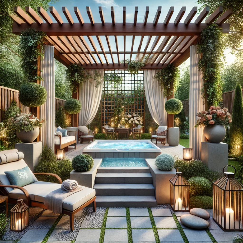 DALL·E 2024 07 13 11.43.34 An elegant backyard spa area with a bioclimatic pergola. The pergola features adjustable louvers and is surrounded by lush greenery and decorative pla 2 Kış bahçesi ısıtma çözümleri, doğanın tadını yıl boyunca çıkarmak isteyenler için mükemmel bir çözüm sunar. Bioklimatik pergolalar ile donatılmış kış bahçeleri, her mevsim konforlu ve kullanışlı yaşam alanları yaratır. Bu alanlarda kullanacağınız ısıtma çözümleri ve dekoratif aksesuarlarla dış mekanlarınızı kişiselleştirerek, konforlu ve şık bir ortam yaratabilirsiniz. İstanbul'da kış bahçesi kullanımı konusunda bu yazıda verilen önerilerle, dış mekanlarınızı daha çekici ve kullanışlı hale getirebilirsiniz. Pergolasia.com üzerinden çeşitli pergola modellerini inceleyebilir, en uygun çözümleri bulabilirsiniz.