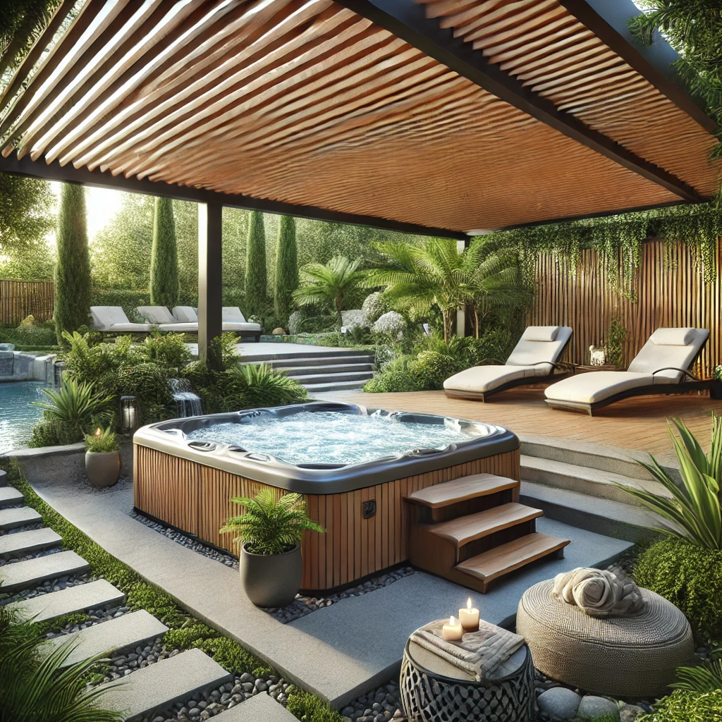 DALL·E 2024 07 13 11.43.35 A serene backyard spa with a bioclimatic pergola. The pergola has adjustable louvers and provides shade over a hot tub and comfortable lounge chairs. 1 1