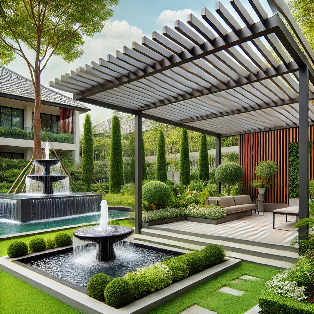 DALL·E 2024 07 13 12.01.33 A bioclimatic pergola installed near a modern fountain in a lush garden. The pergola has adjustable louvers and provides a stylish and comfortable spa Bioklimatik pergolalar, su özellikleriyle birleşerek bahçenizin hem estetik değerini hem de kullanımını artırır. Fıskiyeler, havuzlar ve göletler gibi su öğeleriyle uyum içinde olan pergolalar, her mevsim konforlu ve huzur verici açık hava alanları sunar. Modern ve şık tasarımları ile bu alanların estetik değerini artırır.