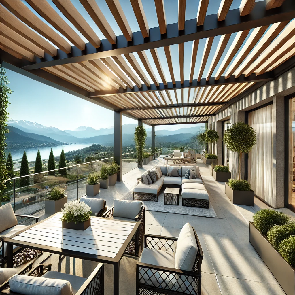 DALL·E 2024 07 13 12.29.34 A modern terrace with a bioclimatic pergola allowing year round enjoyment of nature. The pergola features motorized slats for adjustable shade integ 1 Kış bahçeleri, doğanın tadını yıl boyunca çıkarmak isteyenler için mükemmel bir çözüm sunar. Bioklimatik pergolalar ile donatılmış kış bahçeleri, her mevsim konforlu ve kullanışlı yaşam alanları yaratır. Bu alanlarda kullanacağınız mobilyalar ve dekoratif aksesuarlarla dış mekanlarınızı kişiselleştirerek, konforlu ve şık bir ortam yaratabilirsiniz. İstanbul'da kış bahçesi kullanımı konusunda bu yazıda verilen önerilerle, dış mekanlarınızı daha çekici ve kullanışlı hale getirebilirsiniz. Pergolasia.com üzerinden çeşitli pergola modellerini inceleyebilir, en uygun çözümleri bulabilirsiniz.