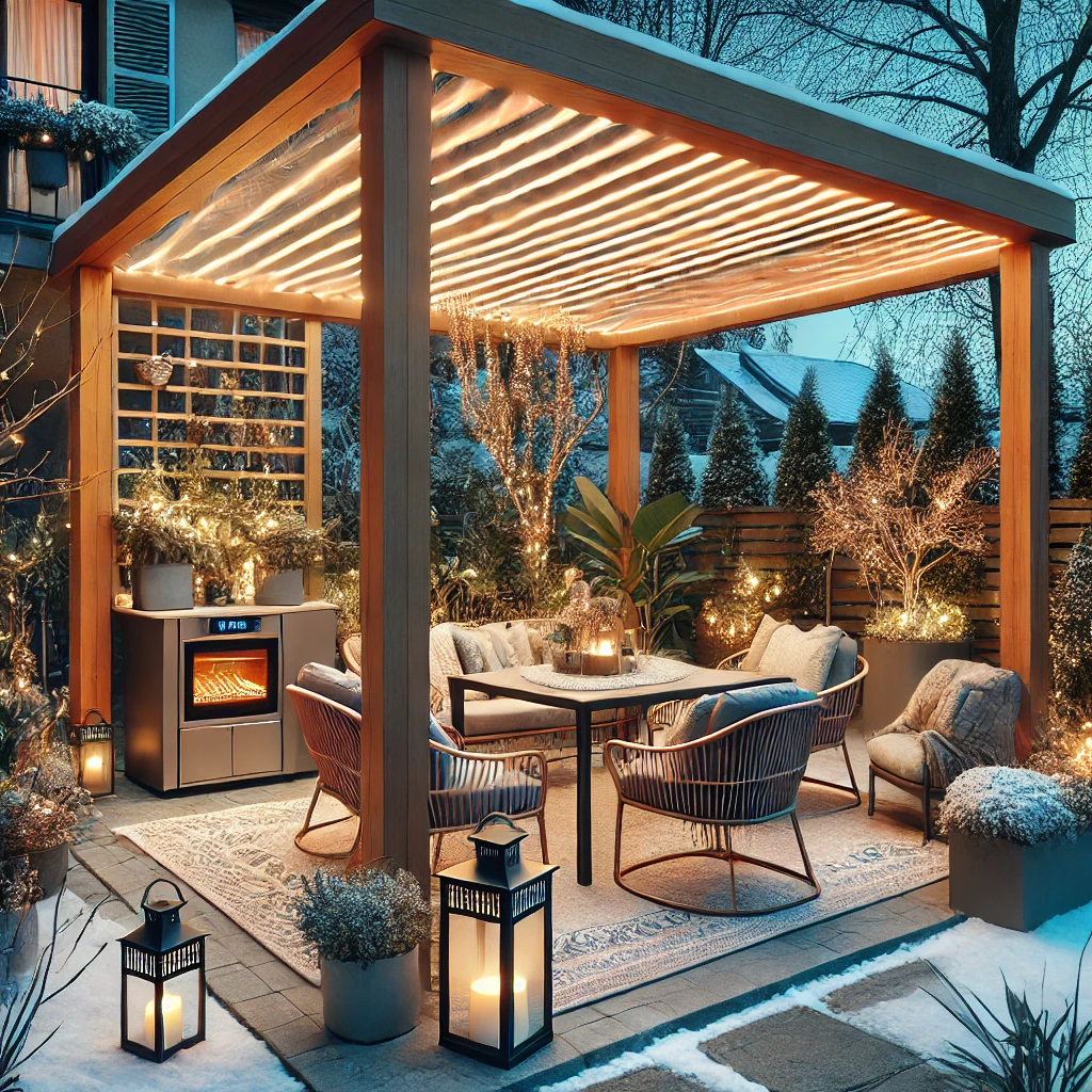 DALL·E 2024 07 13 12.29.35 A cozy winter garden with a bioclimatic pergola providing shelter and warmth. The pergola has adjustable slats for sunlight control integrated heati Kış bahçeleri, doğanın tadını yıl boyunca çıkarmak isteyenler için mükemmel bir çözüm sunar. Bioklimatik pergolalar ile donatılmış kış bahçeleri, her mevsim konforlu ve kullanışlı yaşam alanları yaratır. Bu alanlarda kullanacağınız mobilyalar ve dekoratif aksesuarlarla dış mekanlarınızı kişiselleştirerek, konforlu ve şık bir ortam yaratabilirsiniz. İstanbul'da kış bahçesi kullanımı konusunda bu yazıda verilen önerilerle, dış mekanlarınızı daha çekici ve kullanışlı hale getirebilirsiniz. Pergolasia.com üzerinden çeşitli pergola modellerini inceleyebilir, en uygun çözümleri bulabilirsiniz.