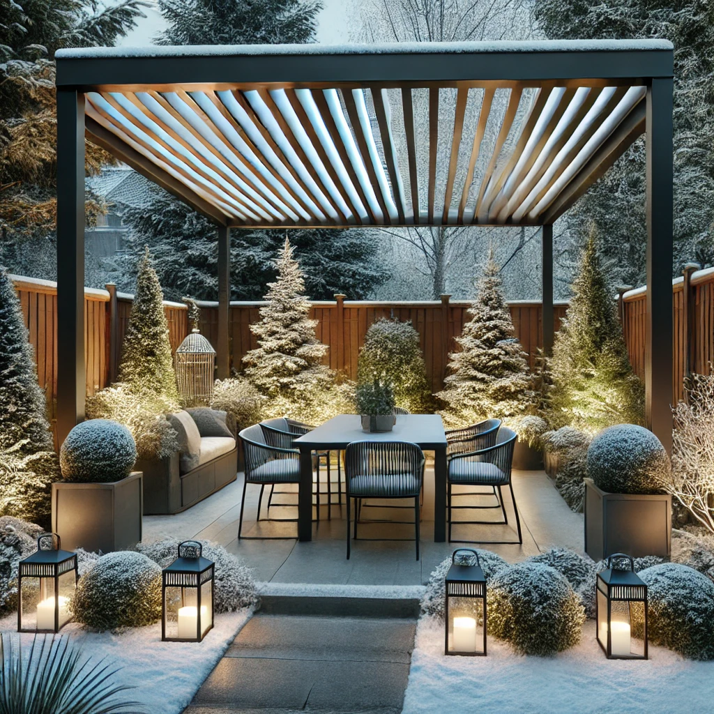 DALL·E 2024 07 13 12.31.07 A modern winter garden with a bioclimatic pergola. The pergola has adjustable louvers and covers a dining area with a table and chairs. The garden fea 1 Kış bahçesi ve peyzaj uyumları, doğanın tadını yıl boyunca çıkarmak isteyenler için mükemmel bir çözüm sunar. Bioklimatik pergolalar ile donatılmış kış bahçeleri, her mevsim konforlu ve kullanışlı yaşam alanları yaratır. Bu alanlarda kullanacağınız bitkiler, dekoratif aksesuarlar ve yapısal elemanlarla dış mekanlarınızı kişiselleştirerek, konforlu ve şık bir ortam yaratabilirsiniz. İstanbul'da kış bahçesi kullanımı konusunda bu yazıda verilen önerilerle, dış mekanlarınızı daha çekici ve kullanışlı hale getirebilirsiniz. Pergolasia.com üzerinden çeşitli pergola modellerini inceleyebilir, en uygun çözümleri bulabilirsiniz.