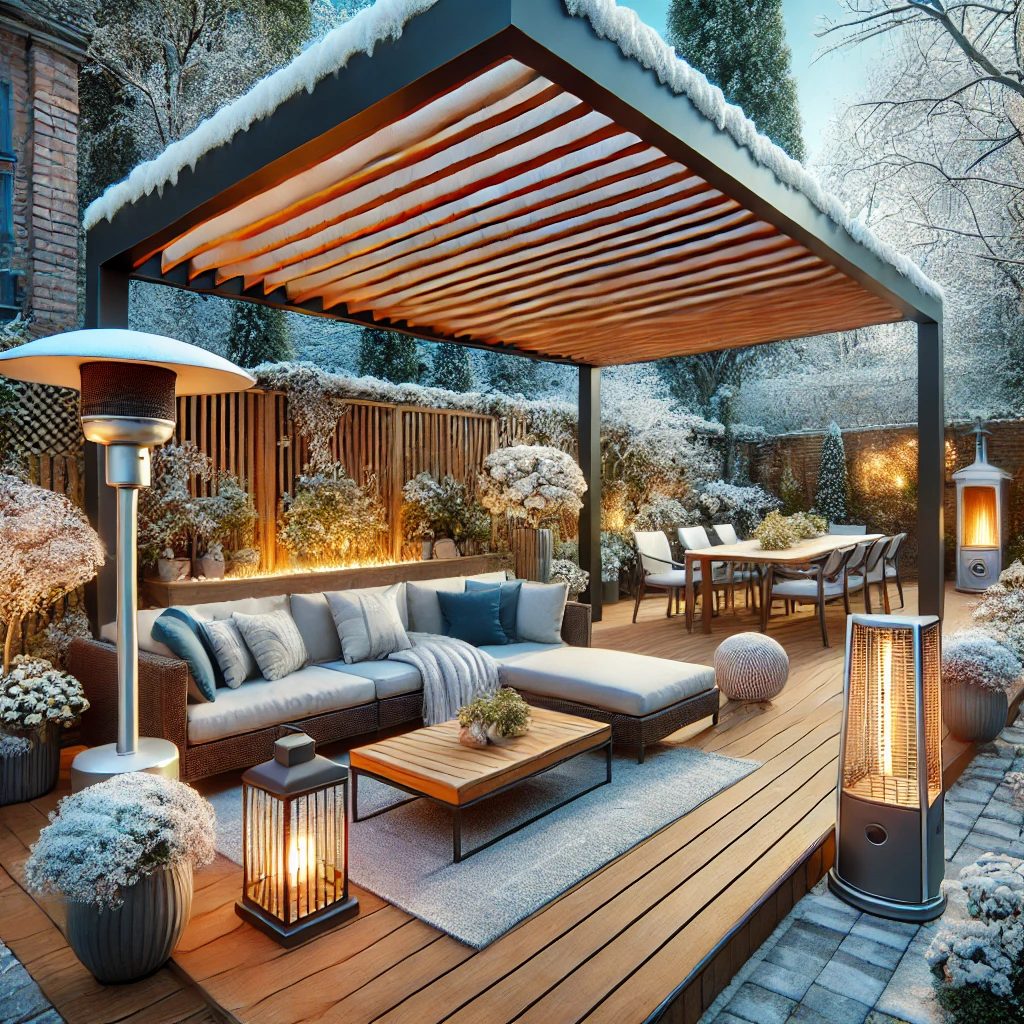 DALL·E 2024 07 13 12.31.09 A stylish winter garden with a bioclimatic pergola and a cozy seating area. The pergola has adjustable louvers and is set up over a wooden deck with c 1 Kış bahçesi aydınlatma çözümleri, doğanın tadını yıl boyunca çıkarmak isteyenler için mükemmel bir çözüm sunar. Bioklimatik pergolalar ile donatılmış kış bahçeleri, her mevsim konforlu ve kullanışlı yaşam alanları yaratır. Bu alanlarda kullanacağınız aydınlatma çözümleri ve dekoratif aksesuarlarla dış mekanlarınızı kişiselleştirerek, konforlu ve şık bir ortam yaratabilirsiniz. İstanbul'da kış bahçesi kullanımı konusunda bu yazıda verilen önerilerle, dış mekanlarınızı daha çekici ve kullanışlı hale getirebilirsiniz. Pergolasia.com üzerinden çeşitli pergola modellerini inceleyebilir, en uygun çözümleri bulabilirsiniz.