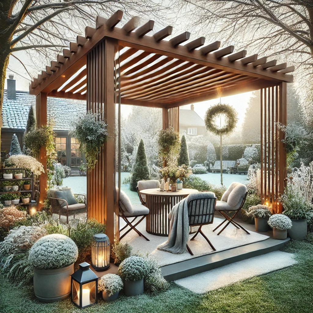 DALL·E 2024 07 13 12.31.10 A beautiful winter garden with a bioclimatic pergola. The pergola has adjustable louvers and covers a cozy seating area with comfortable chairs and a Bioklimatik pergolalar, kış bahçesi tasarımlarında kullanılarak bu alanların hem estetik değerini hem de kullanımını artırır. Dinlenme, yeme ve egzersiz alanları gibi çeşitli aktiviteler için ideal ortamlar sunan pergolalar, her mevsim konforlu ve huzur verici mekanlar oluşturur. Modern ve şık tasarımları ile bu alanların estetik değerini artırır.