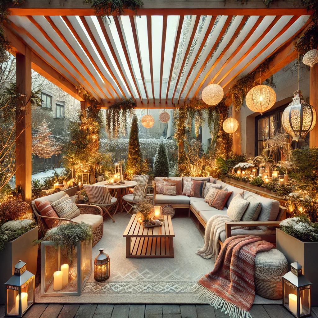 DALL·E 2024 07 13 12.31.51 A beautifully decorated winter garden with a bioclimatic pergola. The pergola has adjustable louvers and is surrounded by cozy seating soft lighting 1 Kış bahçesi dekorasyonu, doğru mobilya, bitkiler ve aksesuarlar ile hem estetik hem de işlevsel alanlar yaratmanızı sağlar. Bioklimatik pergolalar, bu alanların her mevsim konforlu ve kullanışlı olmasını sağlar. Bu ipuçları ile kış bahçenizi kişisel zevklerinize ve ihtiyaçlarınıza göre dekore edebilir, soğuk günlerde bile doğanın tadını çıkarabilirsiniz.