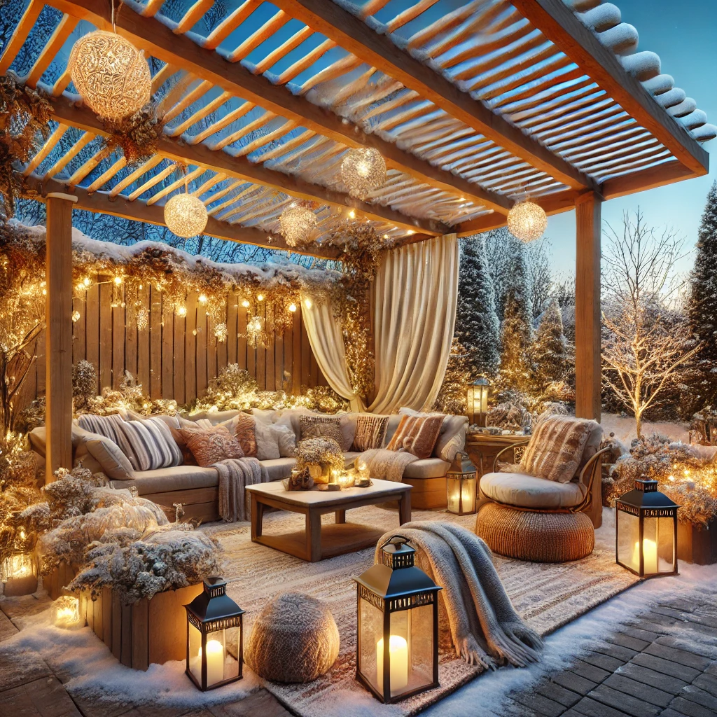 DALL·E 2024 07 13 12.31.53 A cozy winter garden decorated under a bioclimatic pergola. The pergola has adjustable louvers and the space includes comfortable seating warm lighti Kış bahçesi dekorasyonu, doğru mobilya, bitkiler ve aksesuarlar ile hem estetik hem de işlevsel alanlar yaratmanızı sağlar. Bioklimatik pergolalar, bu alanların her mevsim konforlu ve kullanışlı olmasını sağlar. Bu ipuçları ile kış bahçenizi kişisel zevklerinize ve ihtiyaçlarınıza göre dekore edebilir, soğuk günlerde bile doğanın tadını çıkarabilirsiniz.